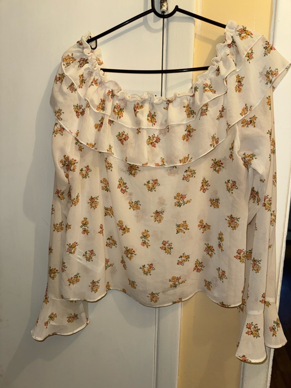 Forever 21 Cream Floral Ruffle Off-Shoulder Blouse